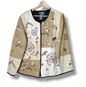 Indigo Moon Folk Art Jacket Earthy Neutral Craftcore Embroidered Floral Size L